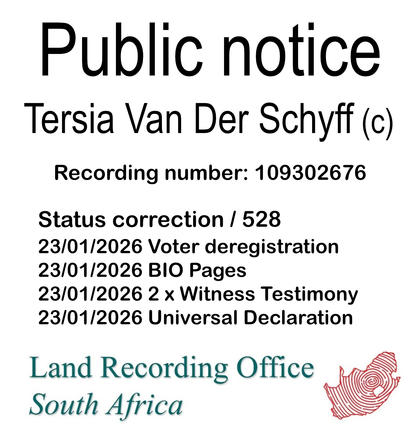 Public notice Tersia Van Der Schyff Recording number 109302676